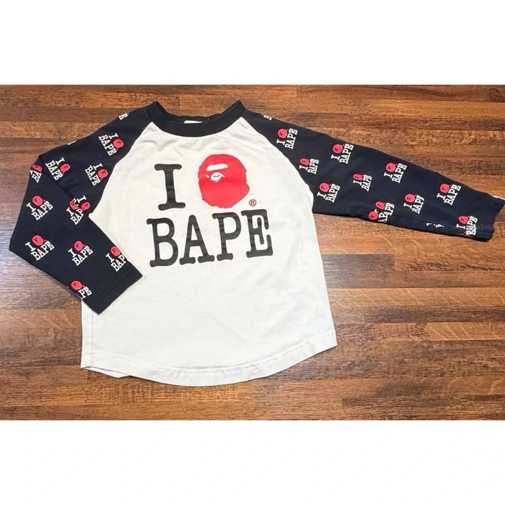 Bathing Ape BAPE kids raglan l/s shirt size 110. 2/3T. Patterned logo sleeves